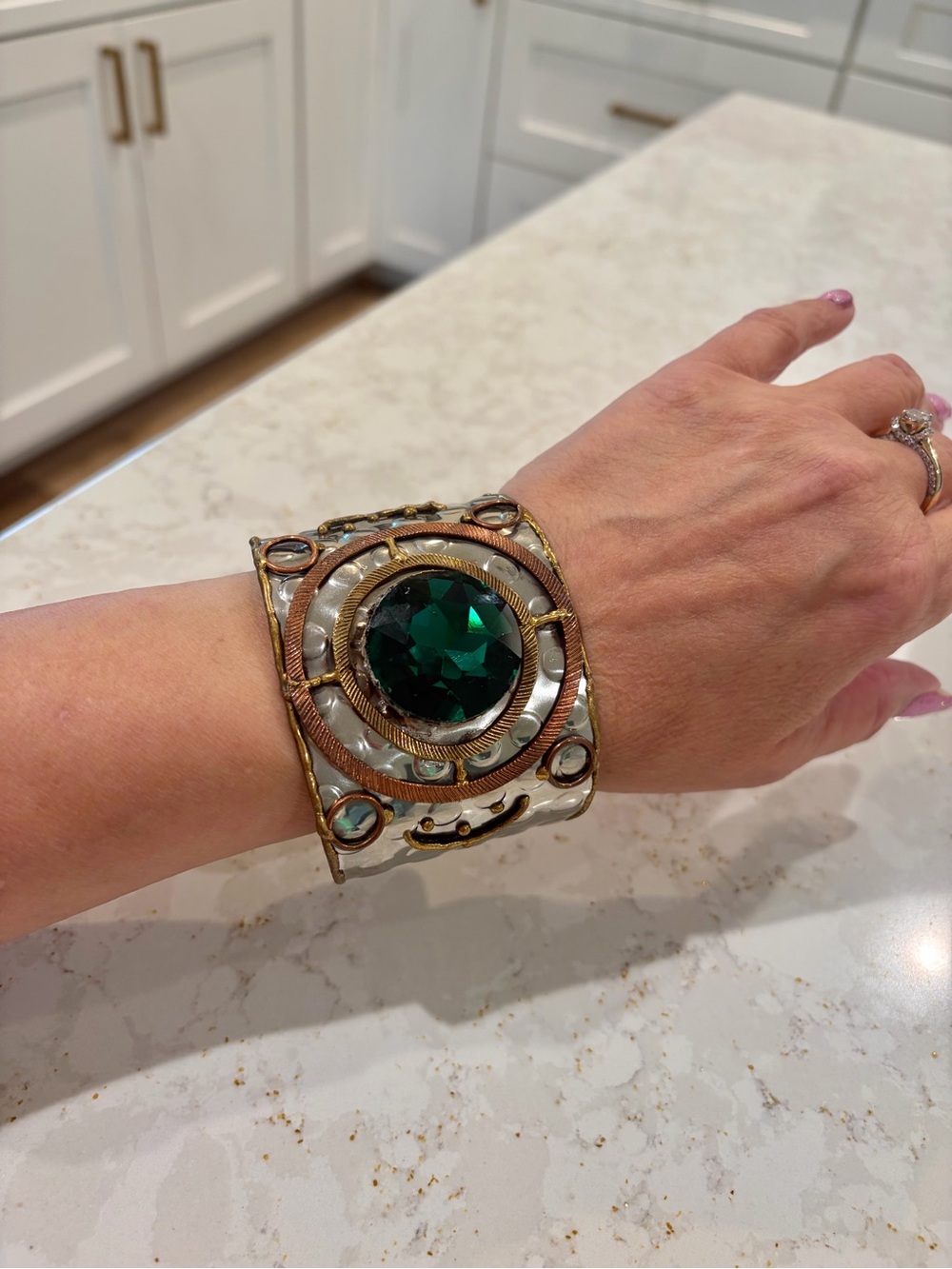 Artisan Mixed Metal Statement Cuff Ringed Medallion Emerald Green Faceted Gem - Picture 14 of 14